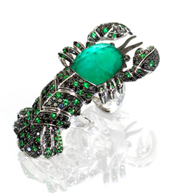 Stephen Webster's 18-Carat white Gold, Tsavorite, Diamond, Agate and Quartz Lobster Ring