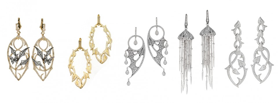 Earrings, 18 Carat Yellow Gold, 18 Carat White Gold, Platinum, White Diamonds, Pear and Marquise Diamonds, pavé-set White Diamonds, Briolette Diamond Drops
