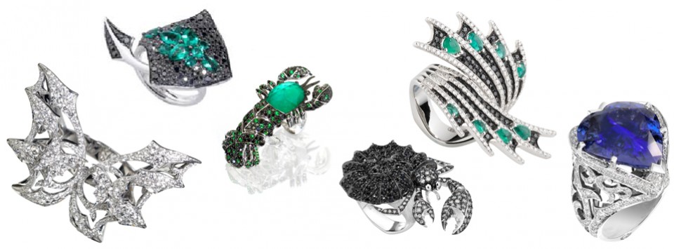 18 Carat White Gold, 18 Carat Yellow Gold, Blue Sapphires, Black Sapphires, Silver Diamonds, Black Diamonds, Faceted Solid Emeralds, White Diamonds, Solid Emerald Cabochons, Faceted Heart-shaped Tanzanite, Faceted Heart-shaped Peridot, Quartz Black Opal Crystal Haze, Black and Cognac Diamonds, Quartz Red Coral Crystal Haze, Green Tsavorite Garnets, Quartz Green Agate Crystal Haze