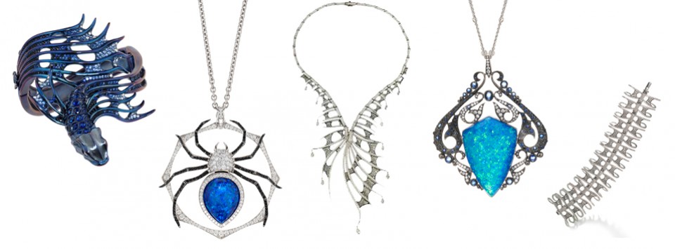 18 Carat White Gold, White Diamonds, Black Diamonds, Silver Diamonds, Quartz Black Opal Crystal Haze, Quartz Green Agate Crystal Haze, Dark Blue  Titanium, Black Sapphires, Blue Sapphires, Quartz Hematite Crystal Haze, Black Onyx, Cabochons, Pavé-set White Diamonds, Pear-cut Faceted, Diamonds
